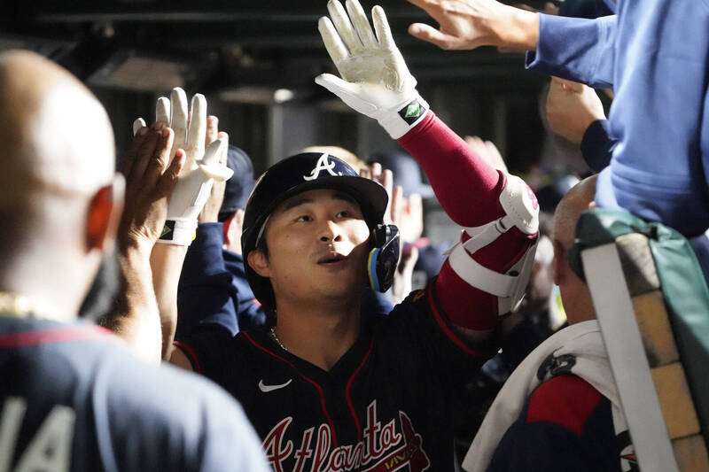 金河成敲出轉隊首轟，還是勇士今年游擊手第一轟。（路透）