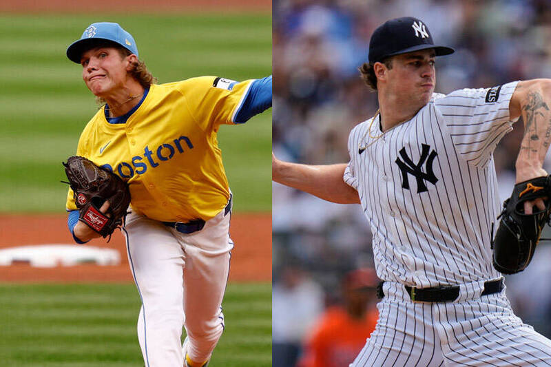 紅襪洋基G3菜鳥對決，左投厄利（左）將成為史上第一位初登板30天內就要投季後賽殊死戰的選手。（資料照）