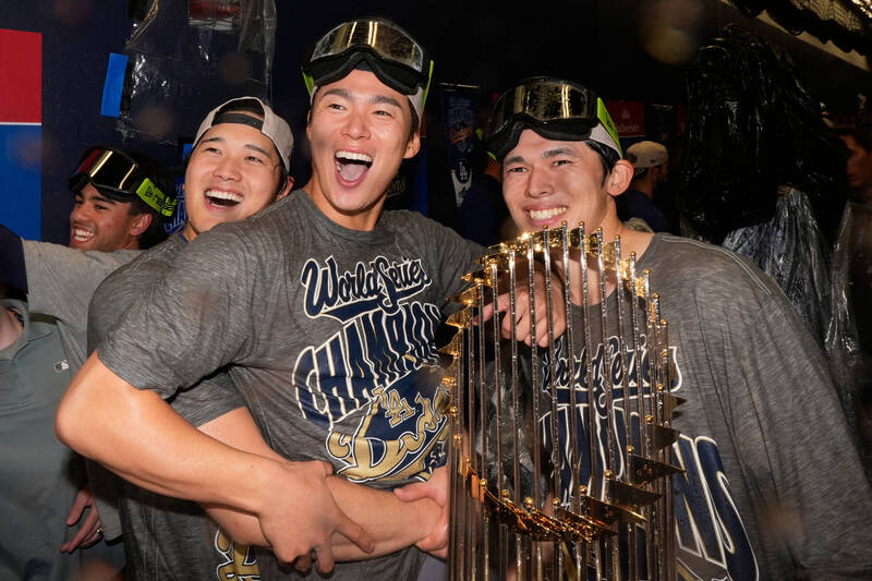 道奇「日本三本柱」大谷翔平、山本由伸與佐佐木朗希。（資料照，美聯社）