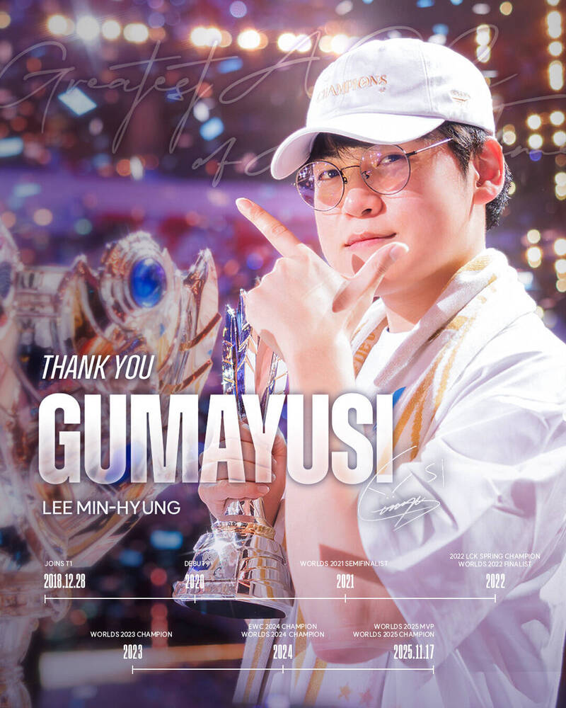 T1發文「Thank you」Gumayusi。（圖片取自T1臉書）
