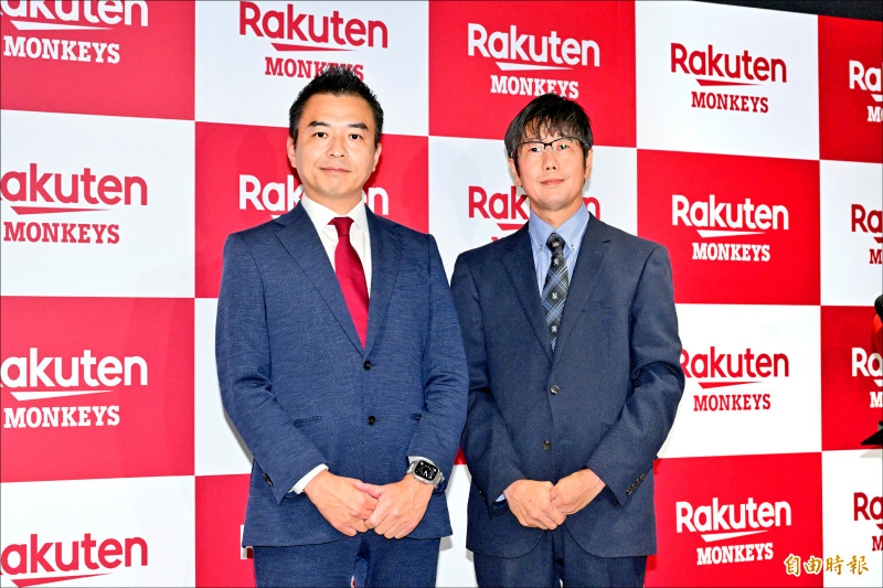 日本樂天集團昨大陣仗在台召開記者會，樂天金鷲社長森井誠之（左）、樂天亞太區執行長葛城崇（右）連袂出席。（記者陳逸寬攝）
