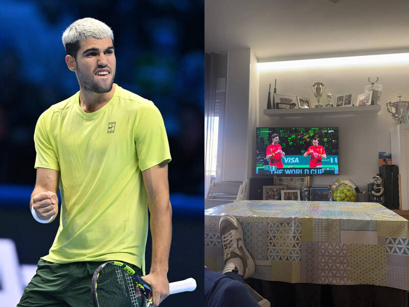 年僅22歲的西班牙球王艾卡拉茲（Carlos Alcaraz）身價高達新台幣15億元，近日卻因一張「樸素到不可思議」的客廳照片在社群瘋傳。（歐新社、社群平台Ｘ/@carlosalcaraz；本報合成）