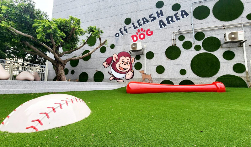 樂天桃園棒球場「戶外毛孩跑跳區」，於賽季推出後頗獲好評。（農業局提供）