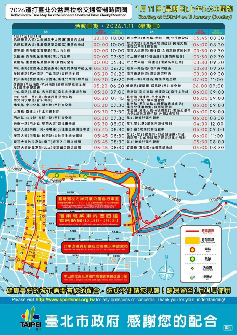 「2026渣打臺北公益馬拉松」週日登場，賽事路段封閉及改道措施（記者劉慶侯翻攝）