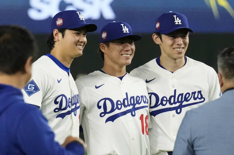 道奇隊陣中目前有日本巨星大谷翔平、王牌右投山本由伸、以及「令和怪物」佐佐木朗希。（資料照，美聯社）