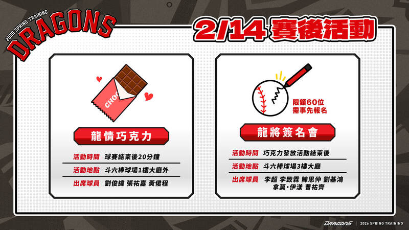 味全龍二月自辦熱身賽賽事資訊。（味全龍提供）