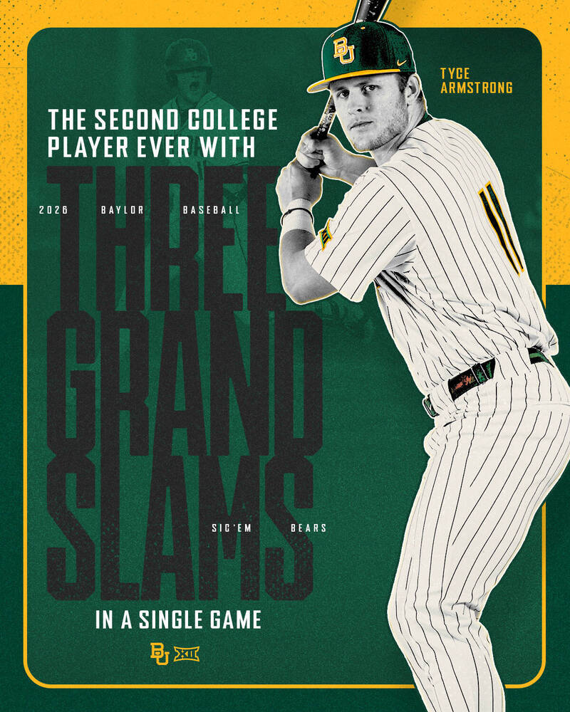 阿姆斯壯今日達成單場三響砲全部都是滿貫全壘打的超狂壯舉。（圖片取自Baylor Baseball X）