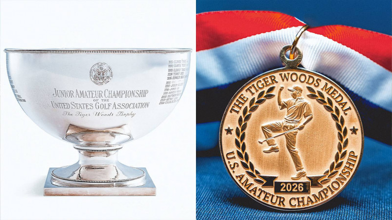 以老虎伍茲命名的獎盃、獎牌。（USGA提供）
