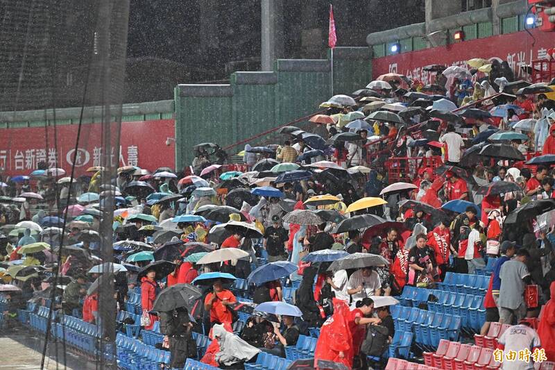 天母球場現場下起大雨。（記者塗建榮攝）