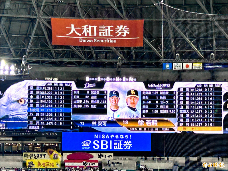 福岡巨蛋大螢幕出現徐若熙與林安可同框畫面。（特派記者倪婉君攝）