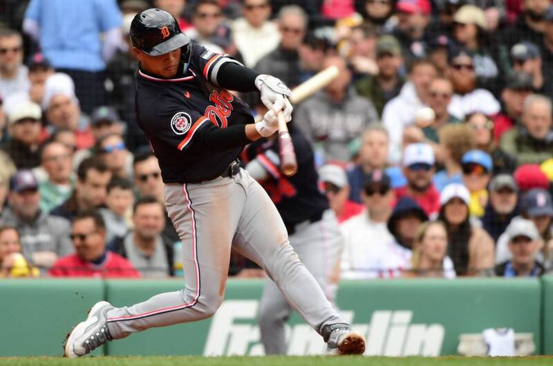 李灝宇全場4支2，大聯盟首安、第一分打點出爐，9局上還敲出直擊綠色怪物的二壘安打。（路透）