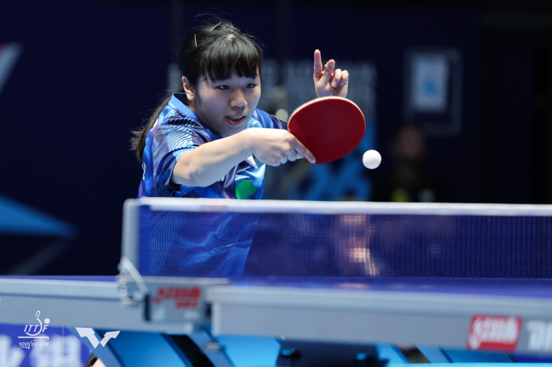 彭郁涵在決勝第5點直落三擊退里昂，幫助台灣隊晉級16強。（取自WTT官網）
