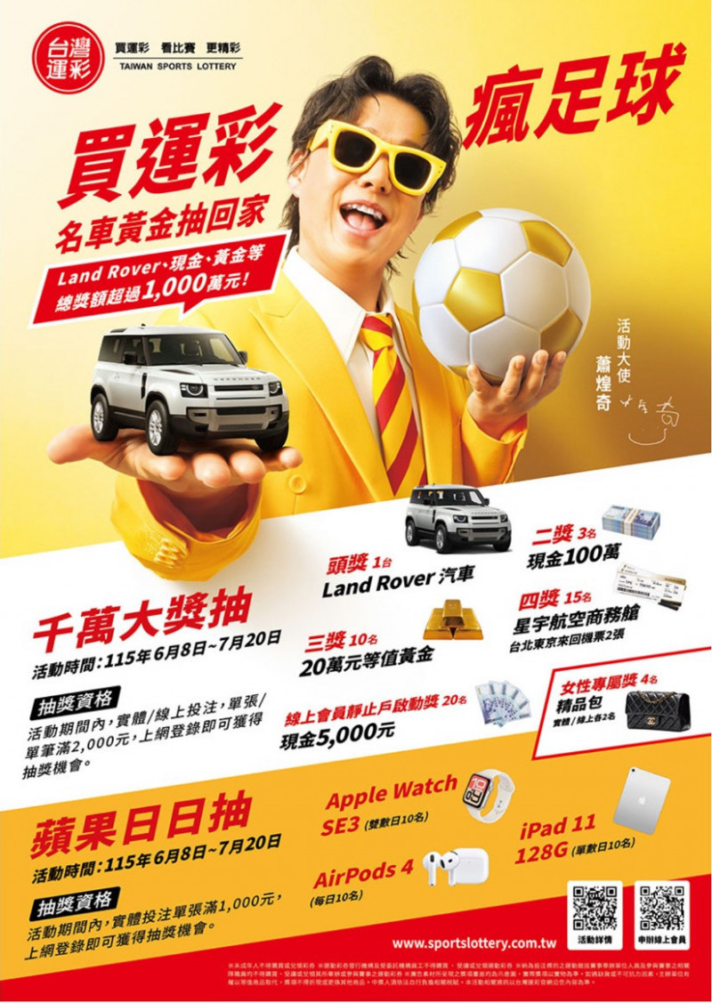 世足賽12日開踢，台灣運彩祭千萬獎品、中華民國運彩會公會加碼5萬元。（運彩會公會提供）