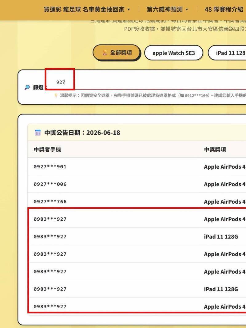 世界盃足球賽運彩抽獎活動，疑似有多支手機號碼重複中獎的情況。（圖擷自王鴻薇臉書）