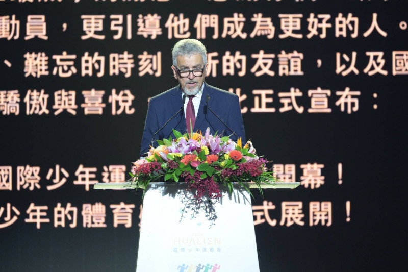 2026花蓮第58屆國際少年運動會（International Children’s Games, ICG）2日晚間於花蓮縣立體育館舉行開幕典禮，會長Mr. Igor Topol致詞。（花蓮縣府提供）