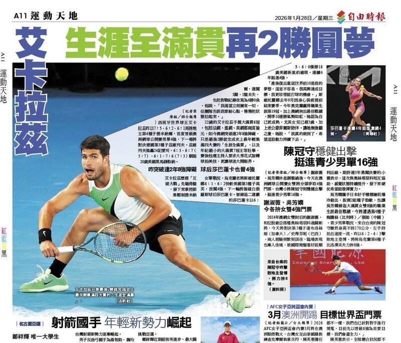 澳網》艾卡拉茲 生涯全滿貫再2勝圓夢