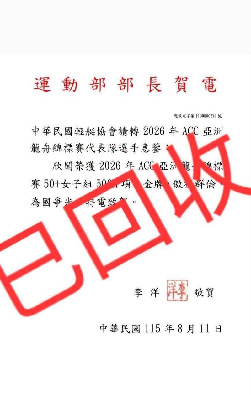 運動部回收亞洲杯龍舟賽雙料冠軍賀電 張景森:太離譜