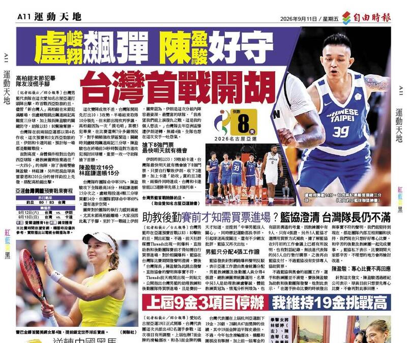 亞運男籃》盧峻翔飆彈 陳盈駿好守 台灣首戰開胡