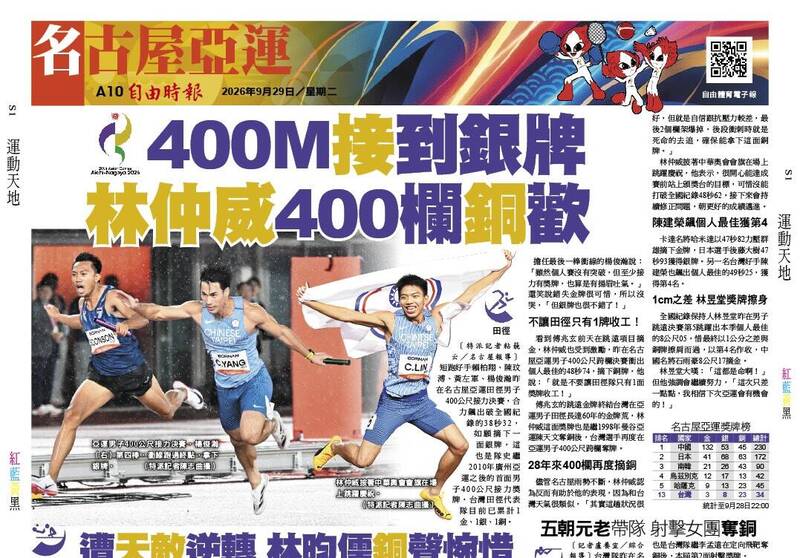 亞運前線》我400M「接」到銀牌 林仲威400欄「銅」歡