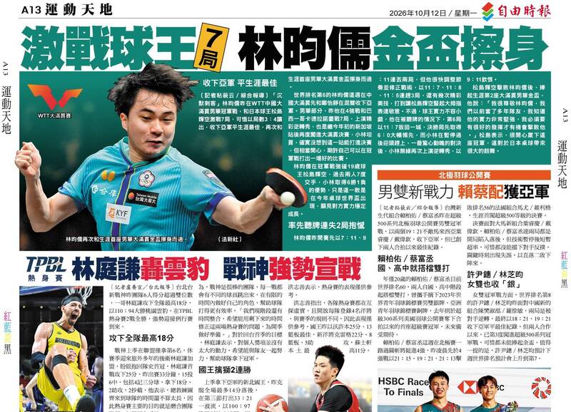 WTT中國大滿貫賽》激戰球王7局 林昀儒金盃擦身