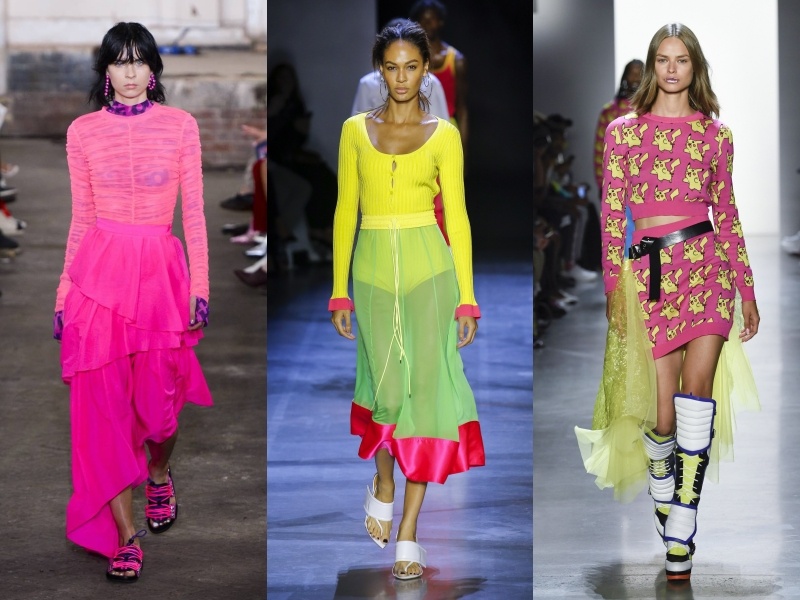 螢光色在春夏伸展台上成為重點潮流。左起House of Holland、Prabal Gurung、Jeremy Scott。（截自vogue.com）