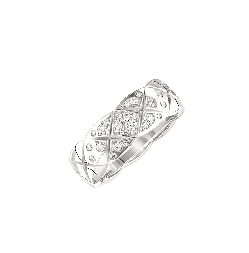 CHANEL COCO CRUSH 小型款戒指，18K 白金，鑲嵌31顆明亮式切割鑽石，NTD145,000。