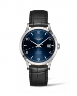 Longines 浪琴表Record系列黑色皮表帶阿拉伯數字藍面男士腕錶，建議售價 NT$68,800 元