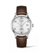 Longines 浪琴表Record開創者系列銀面棕色鱷魚皮錶帶男士腕錶，建議售價 NT$68,800元