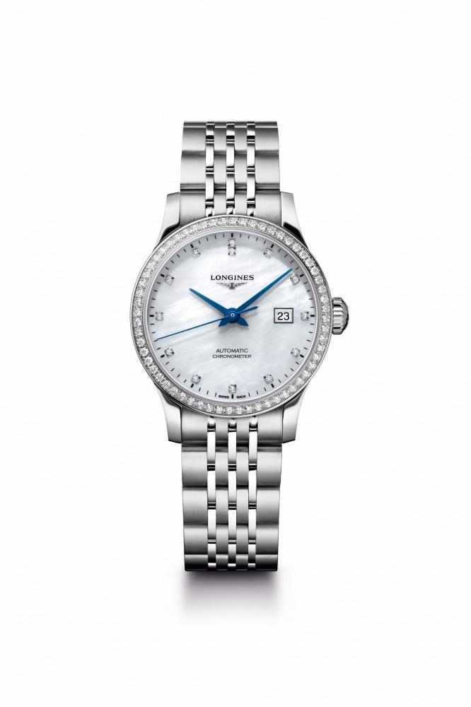 Longines 浪琴表Record系列不銹鋼鍊帶鑲鑽珍珠母貝面盤女士腕錶，建議售價NT$147,300元