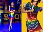 Ella的彩虹亮片連身短裙來自Michael Kors的彩虹膠囊系列，約NTD.7,800。（品牌提供）
