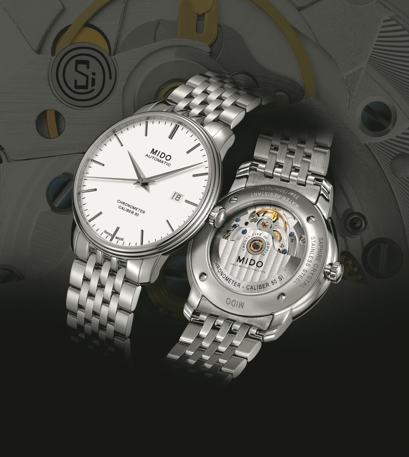 美度Baroncelli Caliber 80 Chronometer Si永恆系列80小時天文台認證矽材質腕錶，搭載矽材質游絲機芯。台幣定價38,600元。（Mido）