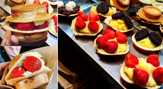 士林夜市史上最強甜點是它！冰火草莓車輪餅料多到溢出來一口咬下超滿足！