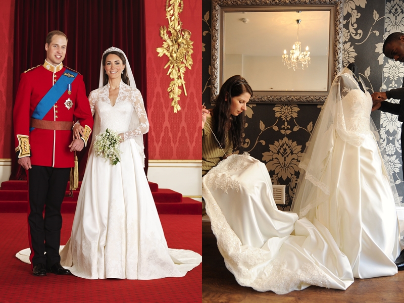 2011年凱特王妃與威廉王子結婚身穿Alexander McQueen長袖蕾絲婚紗。（歐新社、美聯社）