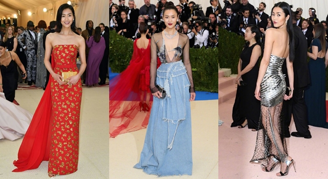 （左起）劉雯現身Met Gala 2018~2016的歷年造型。（劉雯Weibo）