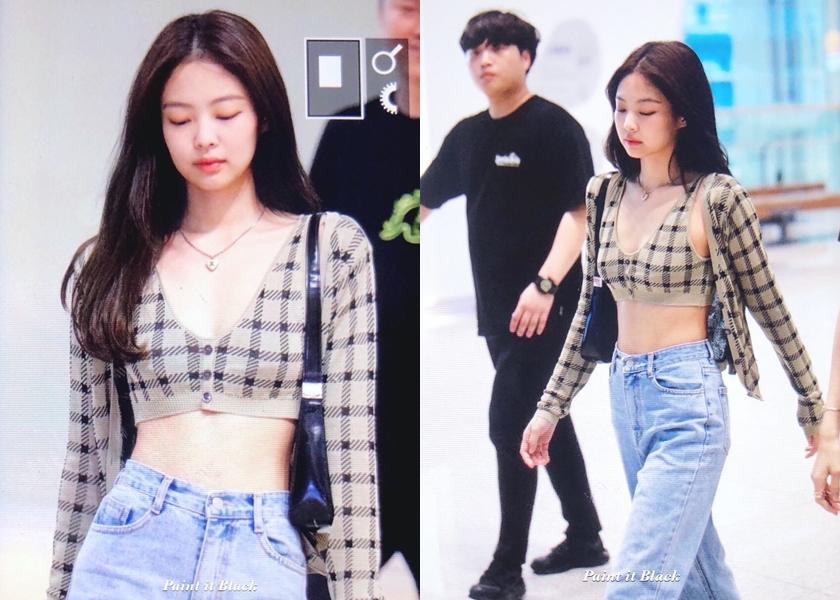 Jennie 最新機場造型挑戰短上衣的極限，這件衣服根本像內衣了。（翻攝自Jennie吧官博@weibo）