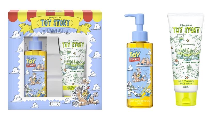 DHC X Toy Story玩具總動員洗卸淨膚組，含深層卸妝油（M）120ml、純欖滋養洗面乳100g，NTD980。（品牌提供）