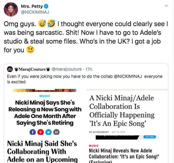 Nicki Minaj自爆將與Adele合作之後隔天又立刻改口。（截自Nicki Twitter）