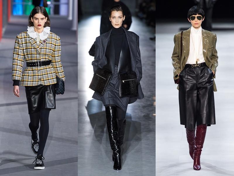 左起：Louis Vuitton、Max Mara、CELINE 不約而同在 2019 秋冬系列中端出了落肩、墊肩剪裁設計的西裝外套。