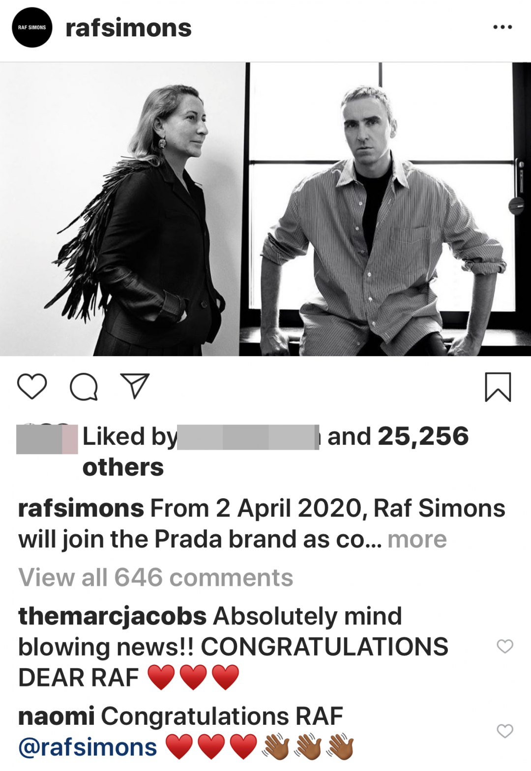 PRADA 與 Raf Simons IG 同時發表合作聲明，下方引來設計師好友 Marc Jacobs 留言表支持。