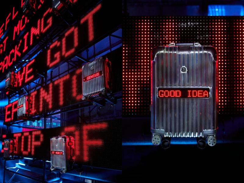 RIMOWA與Moncler合作的系列，在旅行箱上加入LED螢幕設計。