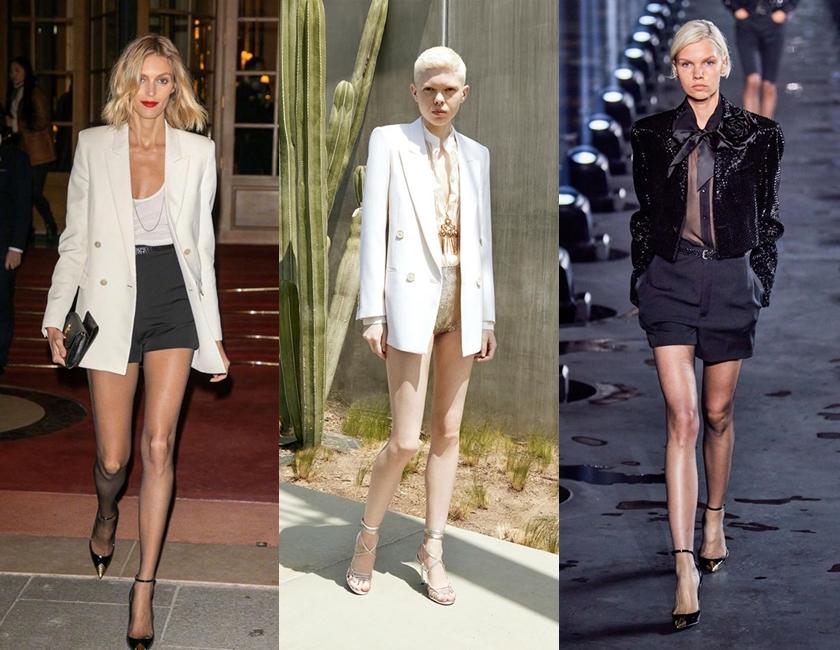 安嘉魯貝克以SAINT LAURENT 2020早春白色西裝外套、搭配19秋冬的高腰短褲。（翻攝自anja_rubik IG、WEIBO）