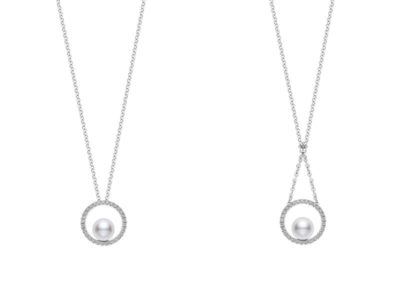 左：MIKIMOTO Circle 系列鑽石珍珠墜鍊，NTD79,000、右：MIKIMOTO Circle 系列鑽石珍珠長墜鍊，NTD86,000。