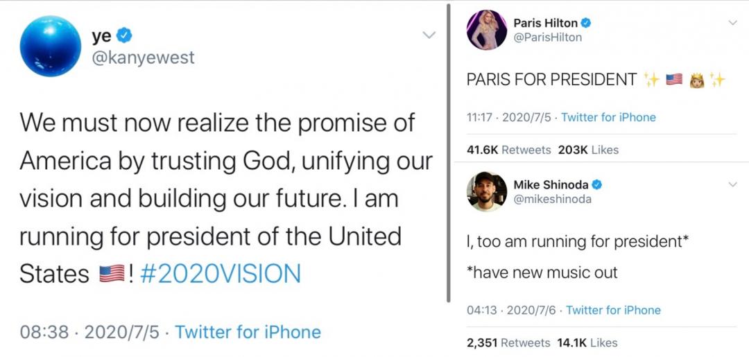 Kanye West在美國國慶日當天發表參選的消息之後，包括Paris Hilton在內的多位明星也「跟進」宣布參選。（截自twitter）