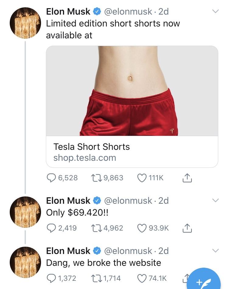 Elon Musk透過推特發文宣傳自己推出的「Tesla Short Short」。（截自Twitter）