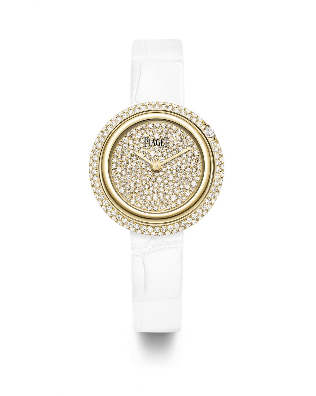 PIAGET Possession 系列 18K 黃金雪花鑲嵌錶盤腕錶，29 毫米，NTD930,000。（30 週年限定作品）