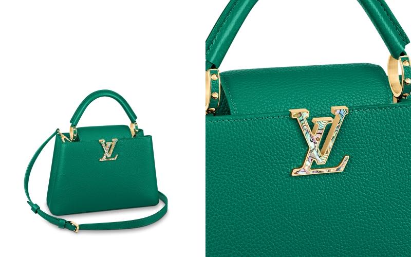 Capucines包款中央的「LV」Logo圖案隨著包身色彩的不同做出變化。（品牌提供）