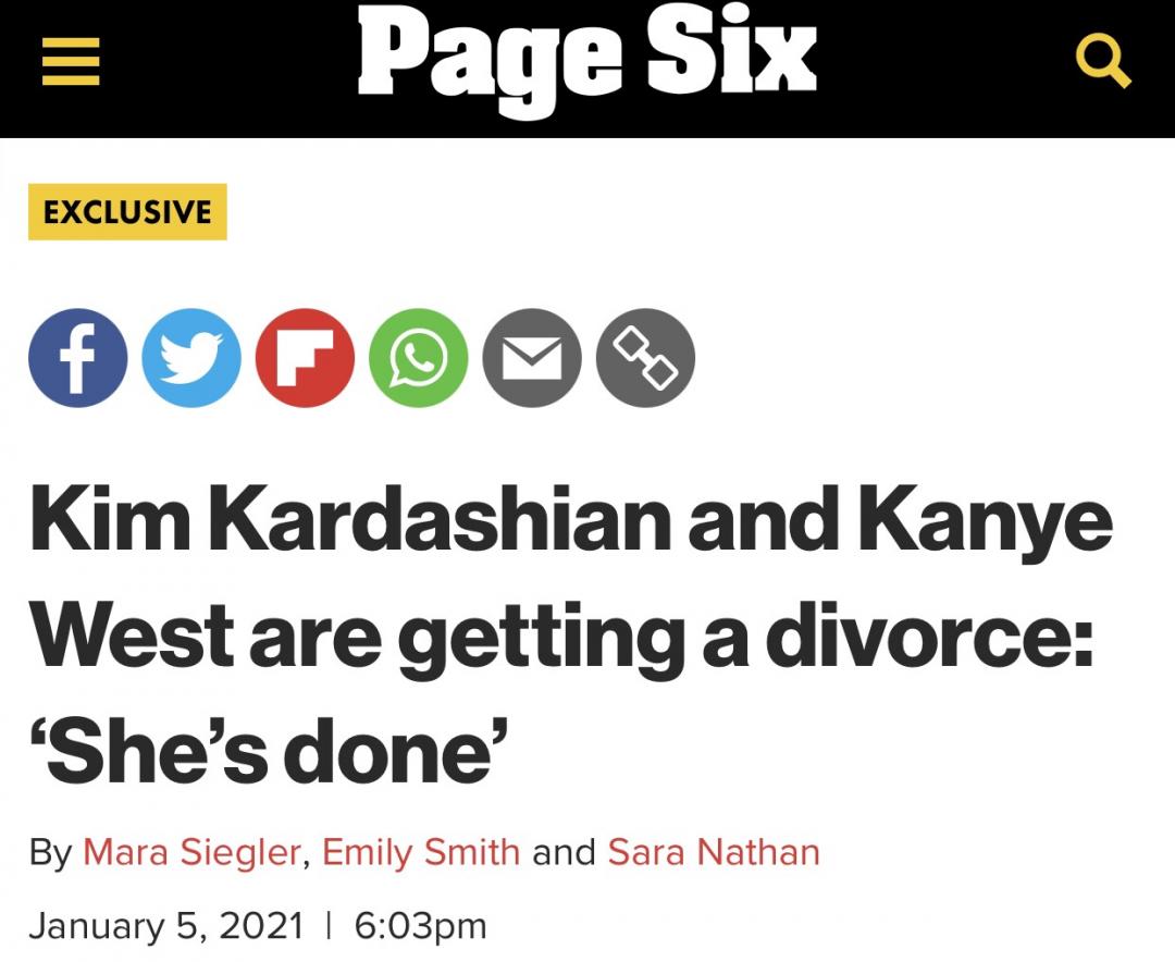 《Page Six》爆料Kim Kardashian與Kanye West的離婚消息。