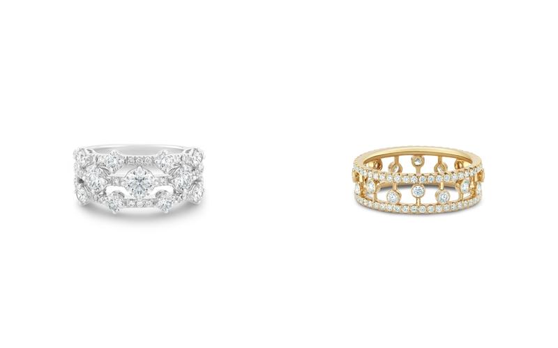 左：De Beers Arpeggia 18K 白金三行鑽石戒指，NTD441,000、右：De Beers Dewdrop 18K 黃金鑽石戒指，NTD146,000。