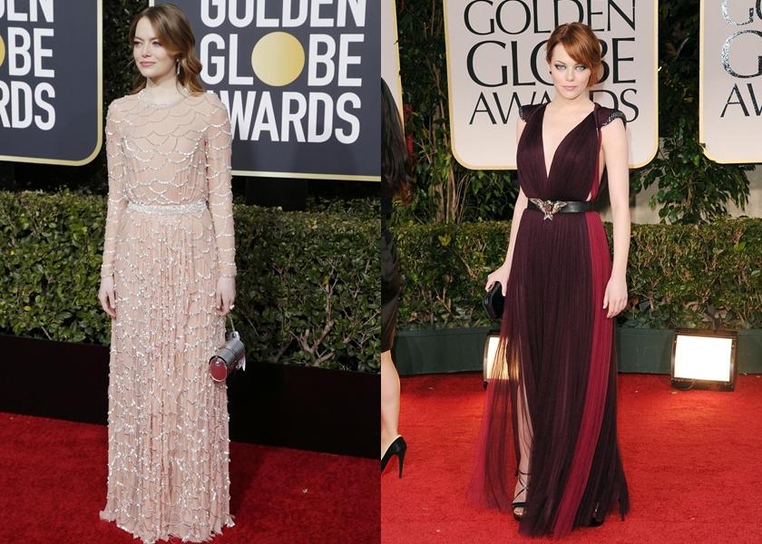 艾瑪史東2019年穿著 Louis Vuitton禮服、2012年則是以Lanvin紅色禮服。