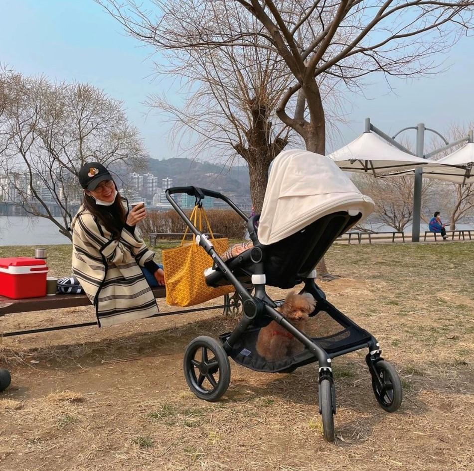 崔智友帶女兒、愛犬到公園。